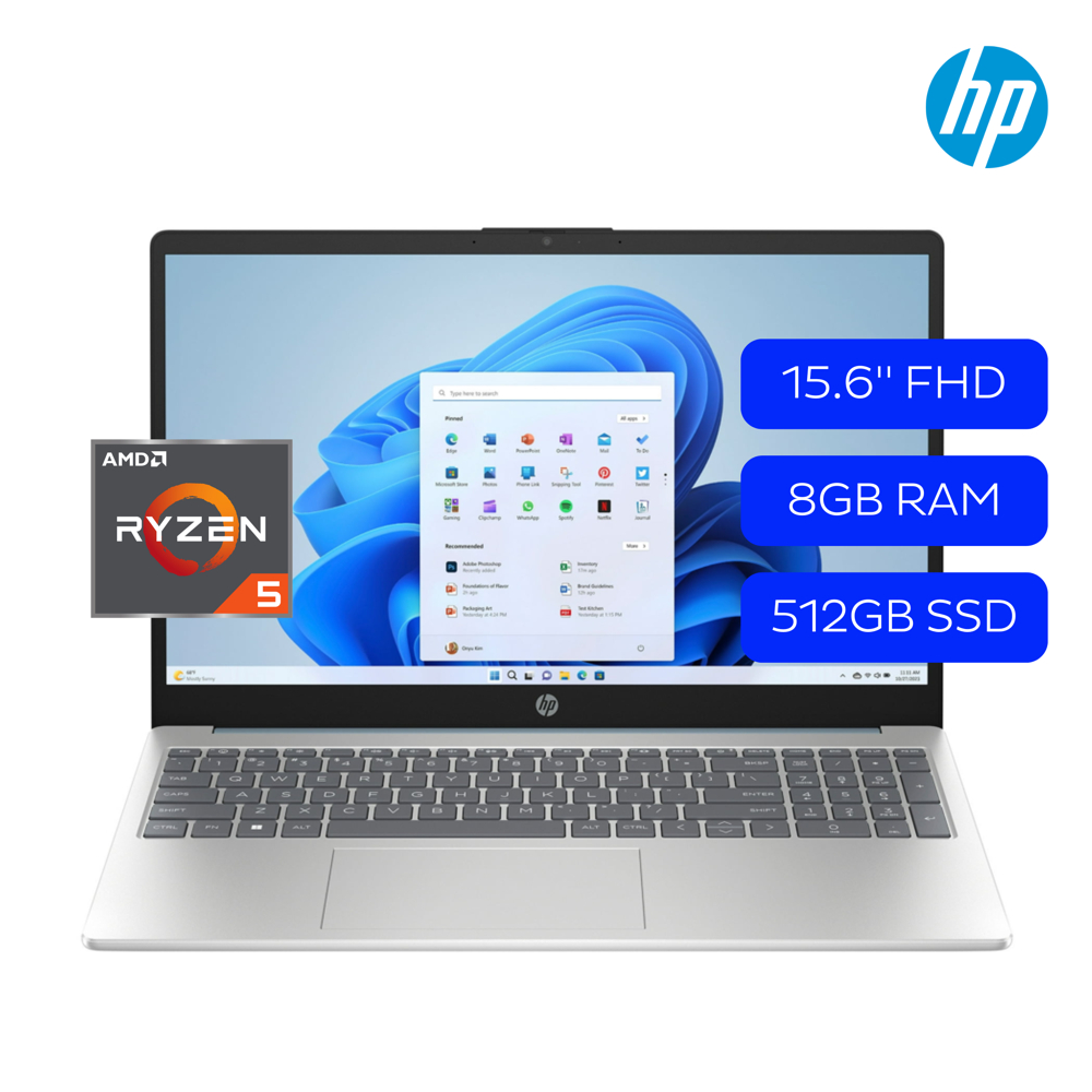 Laptop HP Notebook, 15.6 Pulgadas Touch, FHD, Ryzen 5 7520U, 8GB RAM, 512GB SSD, Win11 Home, Color Plata, Teclado Inglés